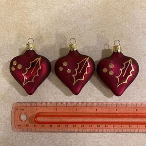 Lot of 3 Matching Red Heart Ornaments With Gold Glittery Detailing Glass Painted